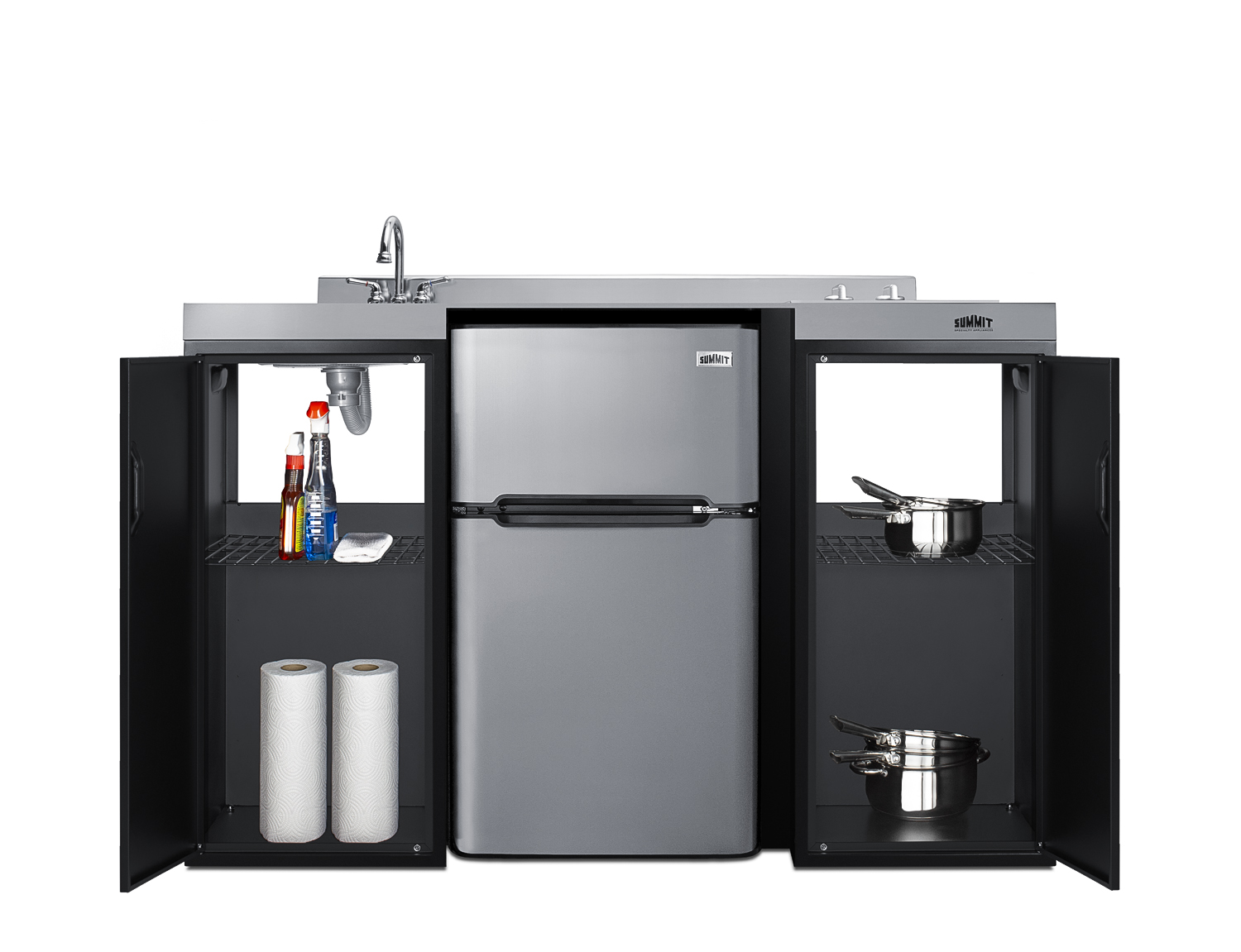 54 inch wide ADA counter height all-in-one kitchenette in black with a removable 2-burner 115V smooth top cooktop, 2-door refrigerator-freezer, sink, and two storage cabinets